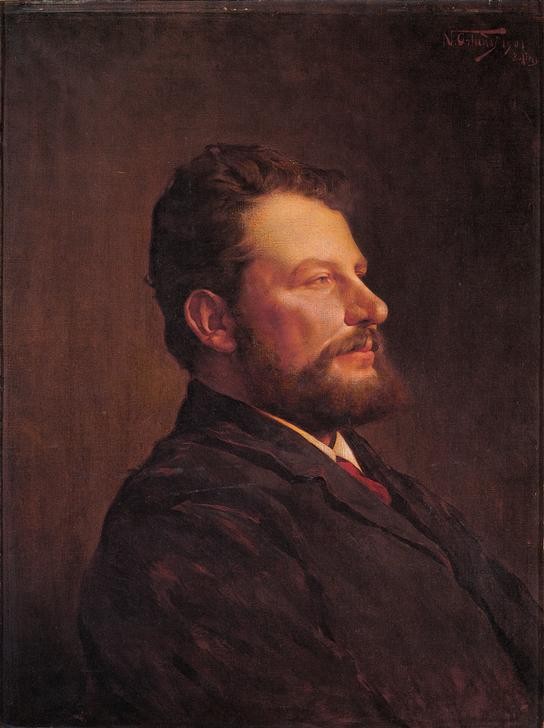 Nazzareno Orlandi, Romolo del Gobbo (BILDHAUER, KÜNSTLER, MALER (KÜNSTLER), MANN, BART, PORTRAIT, ITALIENISCHE KUNST, HEMD, PROFIL, BRAUN, SCHWARZ, BRUSTBILD, WEISS (FARBE), FRISUR, HALSKRAGEN)