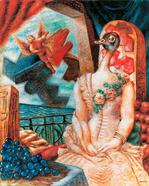Alberto Savinio, Unbekannt (Zimmer, Frau, Straußenkopf, Vogel, Antropomorphismus,  Tisch, Trauben, Ausblick, Meer, Surrealismus, Pittura metafisica, Klassische Moderne, Wunschgröße, Wohnzimmer)