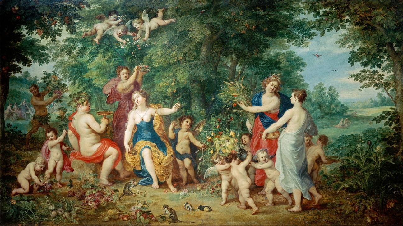 Jan Brueghel der Ältere, Landschaft mit Venus Bacchus und Ceres (Ohne Ceres und Bacchus friert Venus) (Affe,Ernte,Essen Und Trinken,Fettleibigkeit,Flämische Kunst,Frau,Früchte,Kunst,Liebe,Mann,Mythologie,Sprichwort,Wein,Weinlese,Blumenkranz,Barock,Nahrungsmittel,Akt,Allegorie,Putto,Satyr,Getreide,Niederländische Kunst,Götter,Fruchtbarkeit,Halbakt,Göttin,Am)