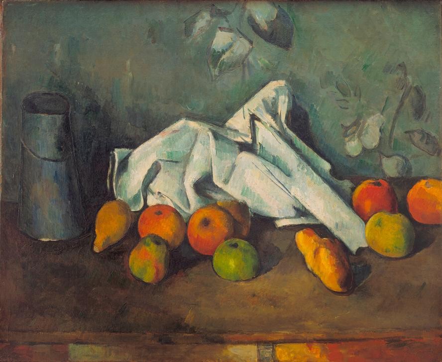 Paul Cézanne, Milchkanne und Äpfel (Stillleben, Äpfel, Zitronen, Früchte, Obst, Kanne, Tisch, Tuch, Impressionismus, Wunschgröße, Wohnzimmer, Esszimmer, Klassiker,)
