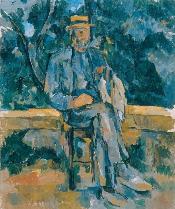 Paul Cézanne, Sitzender Mann (Bauer (Landwirt),Kopfbedeckung,Kunst,Mann,Mensch,Impressionismus,Portrait,Strohhut,Französische Kunst,Im Freien (Allgemein),Stuhl,Landbevölkerung,Sitzen,Jahrhundertwende,Ganzfigurig,Beine (Übereinandergeschlagen))
