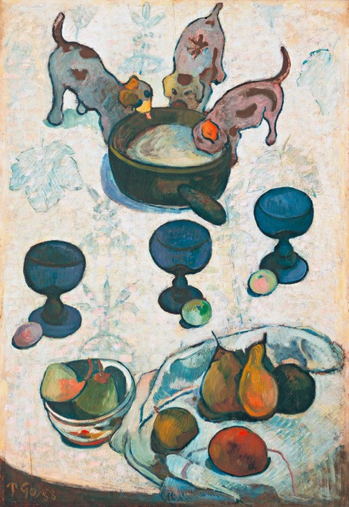 Paul Gauguin, Nature morte avec trois petits chiens (Apfel,Früchte,Kunst,Milch,Obst,Zoologie,Hund,Trinken,Stillleben,Schale (Gefäss),Französische Kunst,Birne,Welpe,Weinglas,Gefäss,Haustier,Topf,Tier,Serviette,Jungtier,Trinkglas)