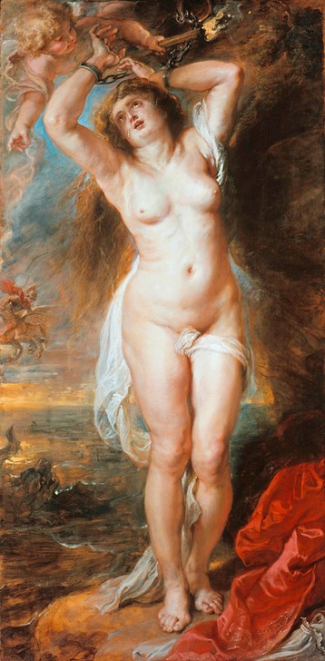Peter Paul Rubens, Andromeda (Flämische Kunst,Frau,Kunst,Mythologie,Barock,Akt,Putto,Gefangenenbefreiung,Befreiung (Gefangenschaft),Niederländische Kunst,Tränen,Gefangene,Handfessel,Griechisch-Römische Mythologie,Kette (Fessel))