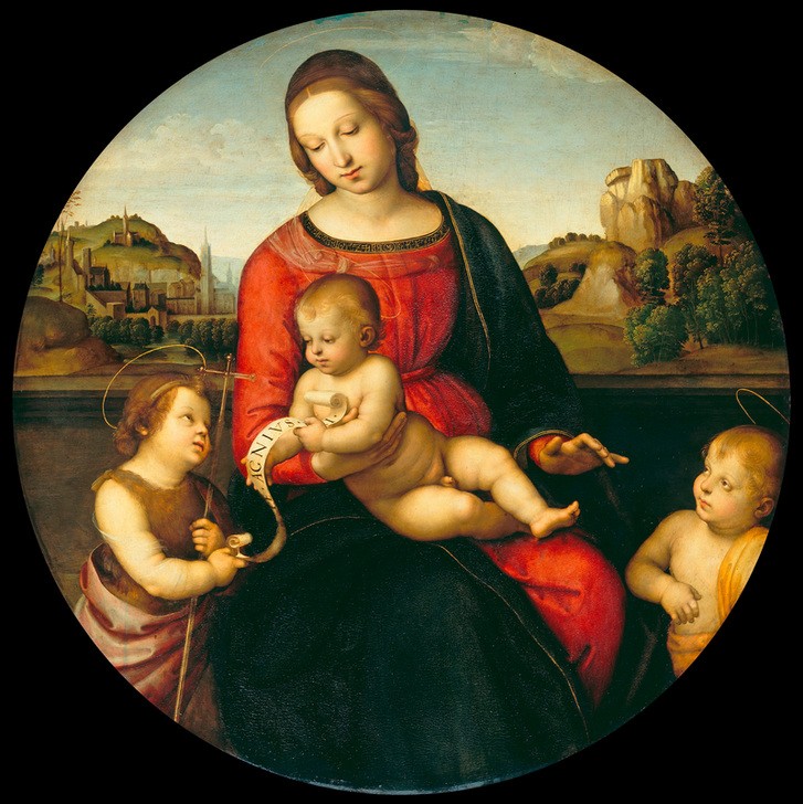 Raffael, Madonna Terranuova (Christentum,Kunst,Landschaft,Religion,Renaissance,Maria Mit Kind,Tondo,Italienische Kunst,Jesusknabe,Madonna Terranuova,Hochrenaissance)