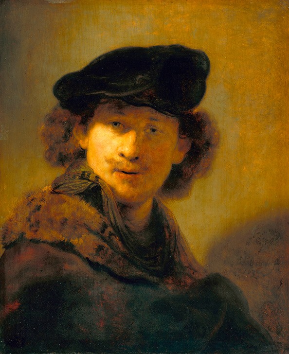 Rembrandt Harmenszoon van Rijn, Selbstbildnis mit Samtbarett und einem Mantel mit Pelzkragen (Künstler,Kunst,Maler (Künstler),Mantel,Mann,Barock,Selbstbildnis,Portrait,Niederländische Kunst,Barett,Holländische Kunst,Pelzkragen,Samt,Brustbild,Person,Junger Mann)