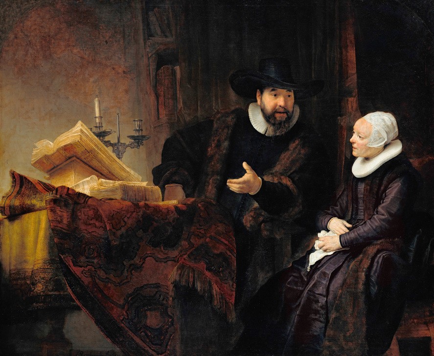 Rembrandt Harmenszoon van Rijn, Der Mennonitenprediger Anslo und seine Frau (Buch,Ehepaar,Frau,Kopfbedeckung,Licht Und Beleuchtung,Liebe Und Ehe,Mann,Religion,Freikirche U.Ä. Sekten,Teppich,Barock,Bürgertum,Taschentuch,Haube,Niederländische Kunst,Holländische Kunst,Zuhören,Mennoniten,Schwarz,Blässe,Doppelportrait,Pelzbesatz,Buch ()