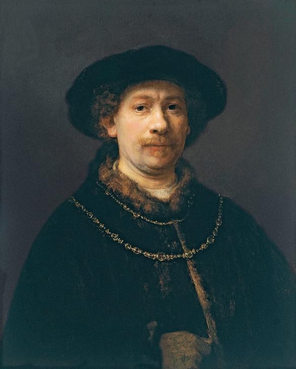 Rembrandt Harmenszoon van Rijn, Selbstbildnis mit Hut und zwei Ketten (Kette (Schmuck),Kopfbedeckung,Künstler,Maler (Künstler),Mann,Hut,Männerschmuck,Barock,Selbstbildnis,Portrait,Niederländische Kunst,Holländische Kunst,Pelzbesatz,Brustbild,Person)