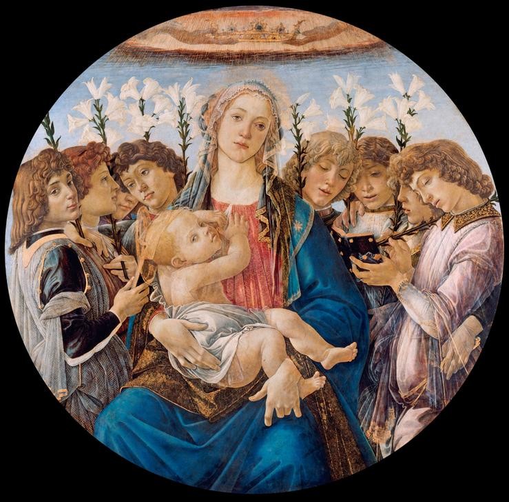 Sandro Botticelli, Maria mit Kind und singenden Engeln (Christentum, Engel, Gesang,  Lilie, Religion, Renaissance,   Maria Mit Kind, Neues Testament, Bibel, Melancholie, Tondo, Gesangbuch, Jesusknabe, Singen, Frührenaissance, Wunschgröße, Malerei, Klassiker, Wohnzimmer, Schlafzimmer, bunt)