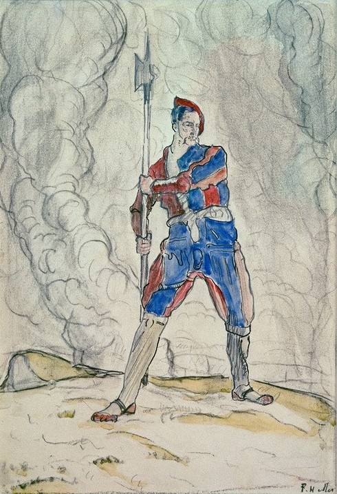 Ferdinand Hodler, Stehender Landsknecht, Studie zur Schlacht von Marignano (Geschichte,Krieg,Kunst,Landsknecht,Mann,Mensch,Militär,Soldat,Waffe,Schlacht,Hellebarde,Studie,Schweizerische Kunst,Krieger,Jahrhundertwende,Ganzfigurig,Fusssoldat,Krieg In Italien (Habsburg-Frankreich),Signatur)