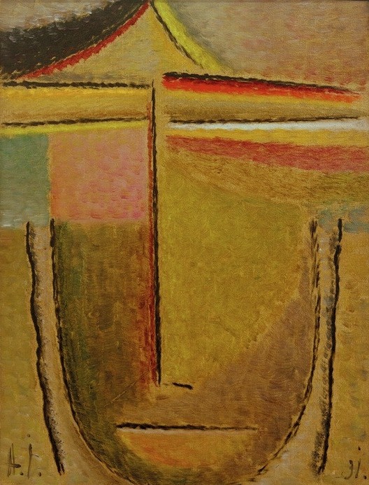 Alexej von Jawlensky, Abstrakter Kopf: Apoll (Kunst,Mensch,Mythologie,Portrait,Expressionismus,Der Blaue Reiter,Russische Kunst,Götter,Gesicht,Kopf,Gott,Monogramm,Braun,Abstraktion,Geschlossene Augen,Griechisch-Römische Mythologie,Signatur,Farbe)