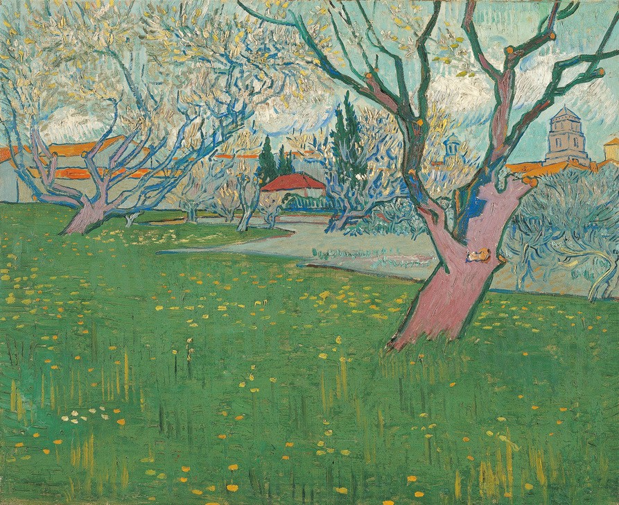 Vincent van Gogh, Blühende Obstgärten, Blick auf Arles (Baumblüte,Garten Und Park,Jahreszeiten,Kunst,Landschaft,Obstbau,Obstgarten,Impressionismus,Frühling,Baum,Stadtansicht,Niederländische Kunst,Obstbaum,Garten)
