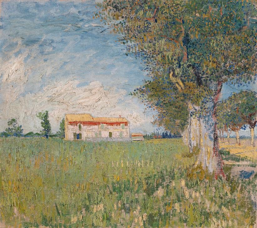 Vincent van Gogh, Bauernhaus in einem Weizenfeld (Allee,Bauernhaus,Getreideanbau,Kunst,Landschaft,Weizen,Impressionismus,Baum,Getreide,Niederländische Kunst,Getreidefeld,Landwirtschaft)