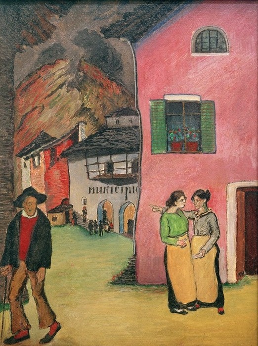 Marianne von Werefkin, Der Vorfall (Dorf,Frau,Gesellschaftliches Leben,Gesellschaft,Haus,Kunst,Mann,Mensch,Soziales,Strassenszene,Wohnhaus (Allgemein),Kleinstadt,Frauenkunst,Gestik,Expressionismus,Der Blaue Reiter,Russische Kunst,Fussgänger,Klatsch,Im Freien (Allgemein),Frauenleben,Kommunik)