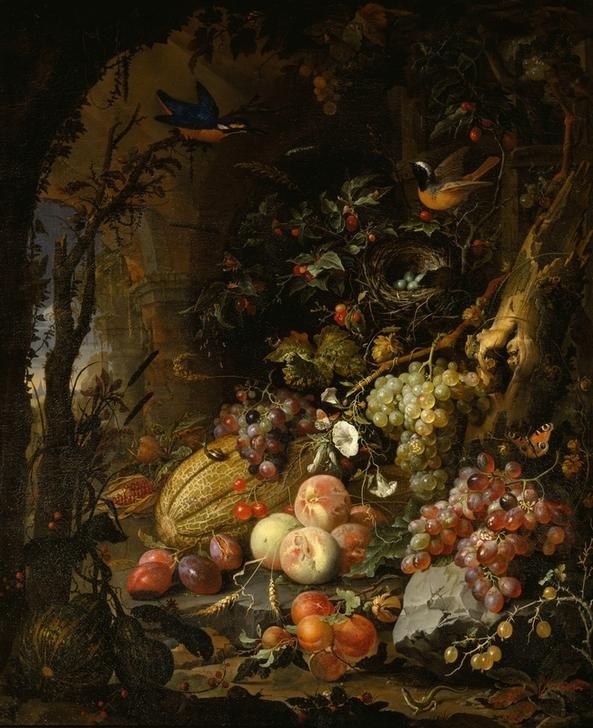 Jan Davidsz.de Heem, Fleurs, fruits, oiseaux et insectes dans un paysage avec ruines (Früchte,Kunst,Landschaft,Pflaume,Ruine,Vogel,Barock,Insekt,Stillleben,Kürbis,Pfirsich,Vogelnest,Französische Kunst,Weintraube,Nest,Blume)