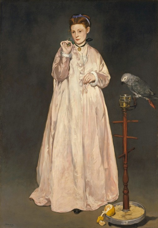 Edouard Manet, La femme au perroquet (Kunst,Mode,Optik,Papagei,Vogel,Morgenmantel,Hausmantel,Bürgertum,Lorgnette,Französische Kunst,Fütterung,Riechen,Lupe,Haustier,Geruch,Frau Und Tier,Halsband,Samtband,Bouquet (Blumenschmuck),Rosa (Farbe),Ganzfigurig,Graupapagei)