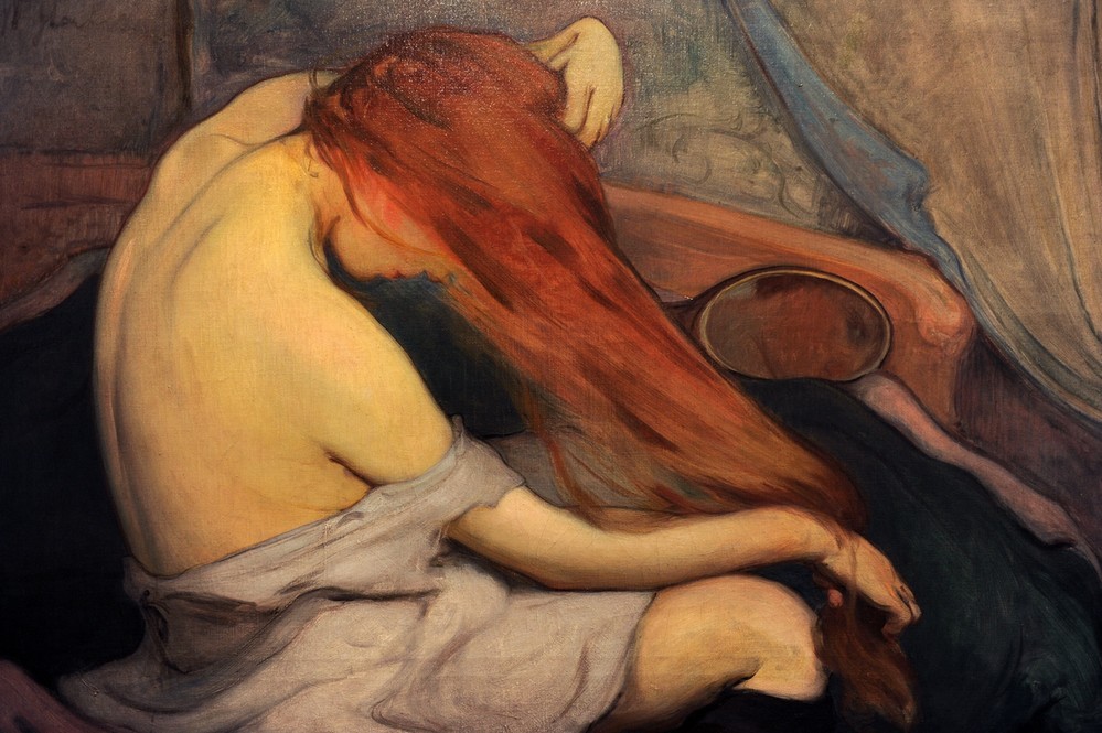Wladyslaw Slewinski, Woman Brushing her Hair (Frau, junge Frau, Rückenakt, rote Haar, Bürste, kämmen, Toilette, Modernismus, Klassische Moderne, Wohnzimmer, Wunschgröße,)