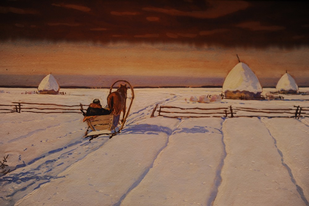 Julian Falat, Winter Landscape in Polesia (Bilder,Droschke,Kutsche,Kunst,Öl,Pferdefuhrwerk,Pferd (Tier),Religion,Transport,Wasser,Winter,Impressionismus,Schnee,Kader,Schneesturm,Beladen,Kälte,Malen,Betreuer,Bollerwagen,Fuhrwerk)