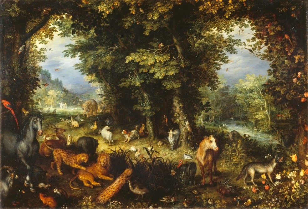 Jan Brueghel der Ältere, Das irdische Paradis (Elefant,Elemente,Hirsch,Landschaft,Leopard,Löwe (Tier),Pferd (Tier),Religion,Rind,Wolf,Zoologie,Erde,Ziege,Barock,Renaissance,Altes Testament,Pfau,Bibel,Friede,Tiger,Baum,Paradies,Niederländische Kunst,Tier,Herde,Jüdisch-Christlich)