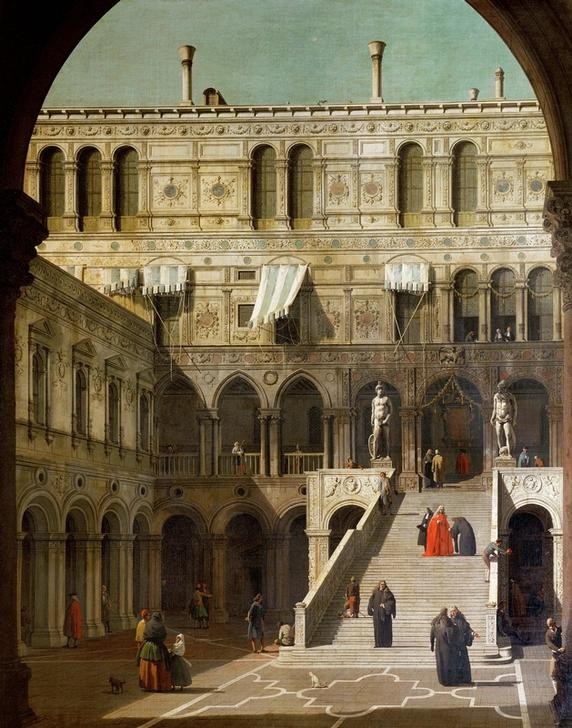 Bernardo Bellotto, Die Scala dei Giganti im Dogenpalast (Venedig, Städte, Architektur,  Dogenpalast, Treppe, Giganten, Skulptuen, historisch, Rokoko, Malerei, Wohnzimmer, Wunschgröße, Klassiker, bunt)