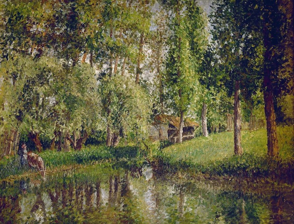 Camille Pissarro, The Wash-house at Bazincourt – 1900 (Hut,Fluss,Grün,Cottage)