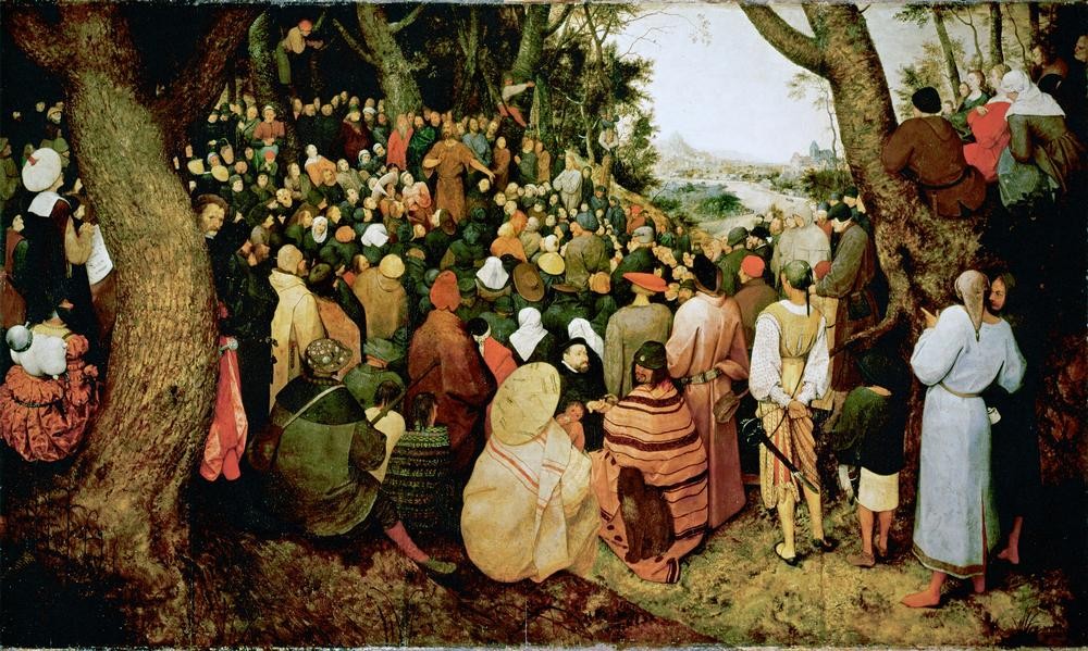 Pieter Brueghel der Ältere, Die Predigt Johannes des Täufers (Christentum,Religion,Neues Testament,Bibel,Predigt,Niederländische Kunst,Menschenmenge,Zuhören)
