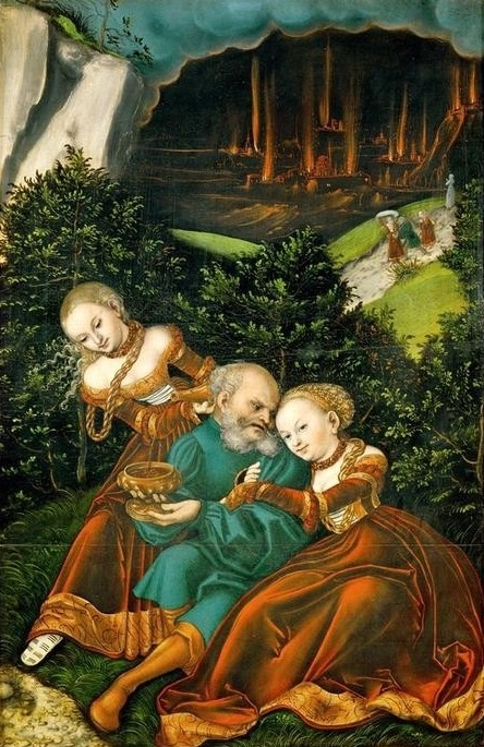 Lucas Cranach der Ältere, Lot und seine Töchter (Christentum, Religion, Altes Testament, Bibel, Alter Mann, Verführung, Sodom Und Gomorrha, Töchter, Inzest, Sexualität, brennende Stadt, Sünde, Salzsäule, Klassiker, Renaissance, Wunschgröße, Wohnzimmer,)