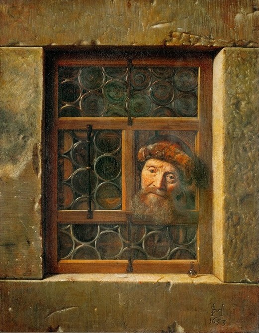 Samuel van Hoogstraaten, Mann am Fenster (Fenster,Lebensalter,Mann,Mensch,Barock,Portrait,Greis,Fernweh,Neugier,Einsamkeit,Trompe L'oeil,Niederländische Kunst,Pelzmütze,Lebensabend,Butzenscheiben,Isolation,Aus Dem Fenster Sehen,Falten (Physiognomie),Alltag)