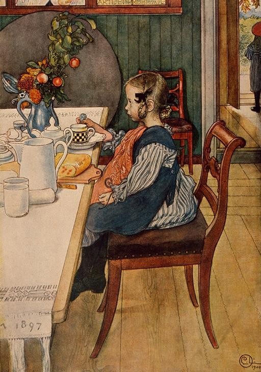 Carl Larsson, Das Frühstück der Siebenschläferin (Essen Und Trinken,Jugendstil,Kind,Mädchen,Milch,Tafelsitten,Tageszeiten,Morgen,Frühstück,Schwedische Kunst,Alltagskultur,Verschlafen,Verspätung,Familienleben,Kinderleben,Einzelkind)