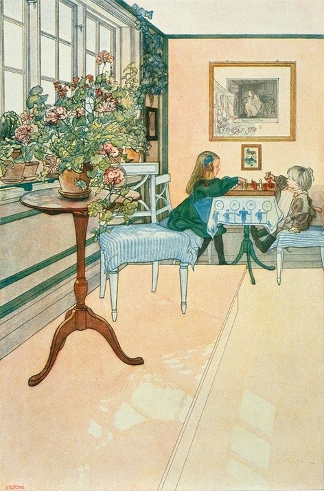 Carl Larsson, Das Schachspiel (Brettspiel,Geschwister,Jugendstil,Kinderspiel,Kind,Schach,Spiel,Wohnzimmer,Wohnung,Kleinkind,Topfpflanze,Schwedische Kunst,Zimmerpflanze,Alltagskultur,Kinderleben)