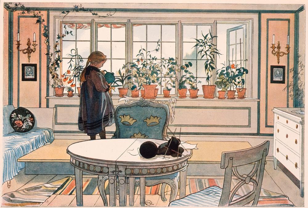 Carl Larsson, Das Blumenfenster (Jugendstil,Kind,Mädchen,Wohnzimmer,Wohnung,Topfpflanze,Schwedische Kunst,Zimmerpflanze,Kinderleben,Strickzeug,Blumenfenster,Giessen (Tätigkeit))