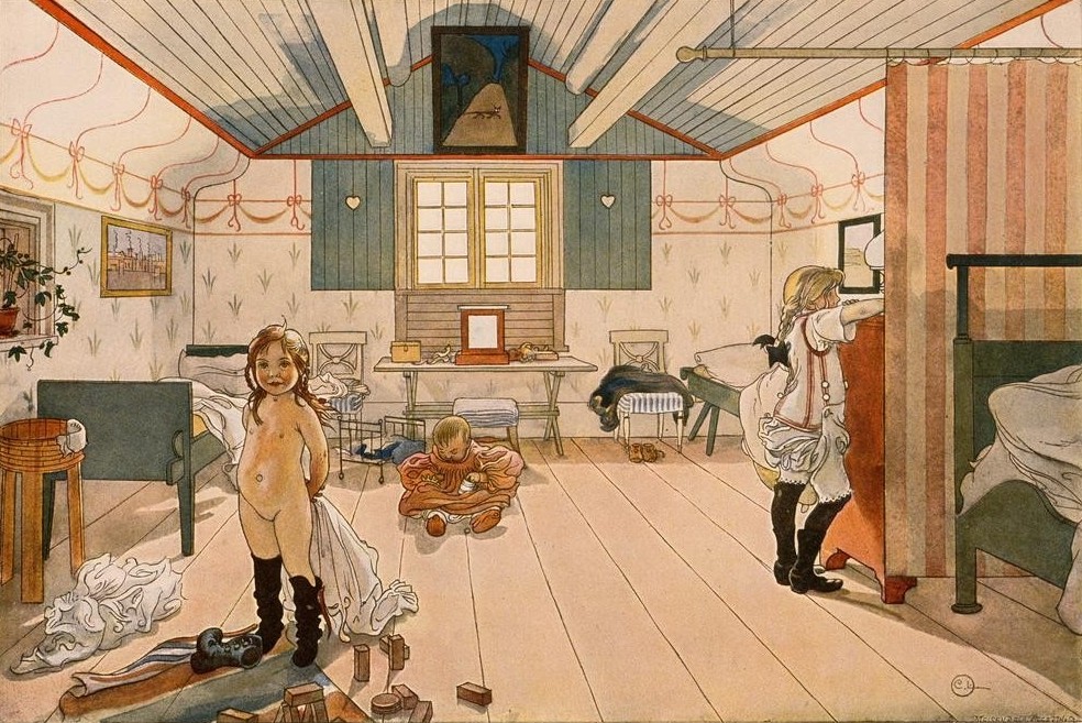 Carl Larsson, Das Zimmer der kleinen Mädchen (Jugendstil,Kinderzimmer,Kind,Mädchen,Schlafzimmer,Volkskunde,Wohnung,Akt,Kleinkind,Dachwohnung,Schwedische Kunst,Geschlechtertrennung,Kinderleben,Land Und Leute)