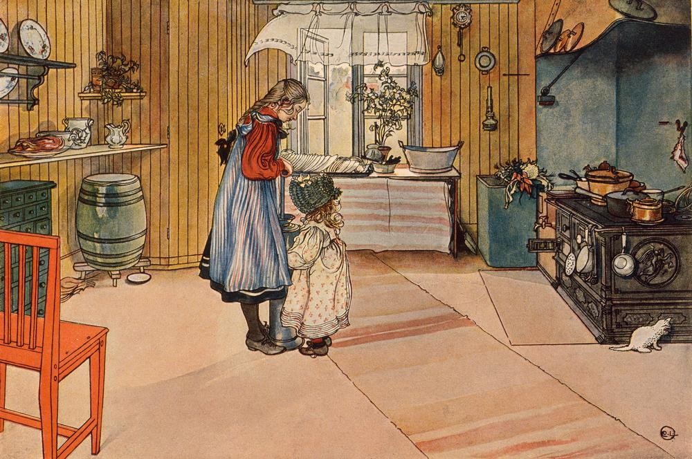 Carl Larsson, In der Küche (Butter,Geschwister,Herd,Jugendstil,Kind,Küche,Mädchen,Wohnung,Abwasch,Interieur,Schwedische Kunst,Butterfass,Alltagskultur,Kinder Helfen Im Haushalt,Kinderleben)