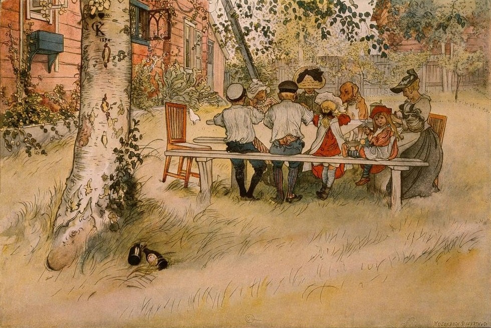 Carl Larsson, Unter der großen Birke (Essen Und Trinken,Familie,Jugendstil,Freizeit,Sommer,Tafelsitten,Tee,Urlaub,Genussmittel,Schwedische Kunst,Im Freien (Allgemein),Familienleben,Landleben,Nachmittagstee)