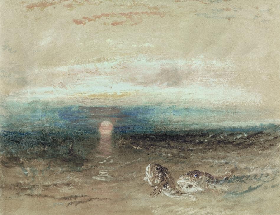 JOSEPH MALLORD WILLIAM TURNER, Sonnenuntergang über dem Meer mit Knurrhähnen (Landschaft,Sonnenuntergang,Sonne,Meer,Fisch,Englische Kunst,Knurrhahn,Abendrot)