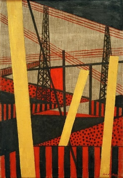Laszlo Moholy-Nagy, Radio und Eisenbahnlandschaft (Bauhaus,Deutsche Kunst,Eisenbahn,Geometrie,Kunst,Landschaft,Konstruktivismus,Technik,Abstrakte Kunst,Ungarische Kunst,Mast,Oberlandleitung,Telegraphenmast,Schienen,Abstraktion,Privatsammlung,Radio)