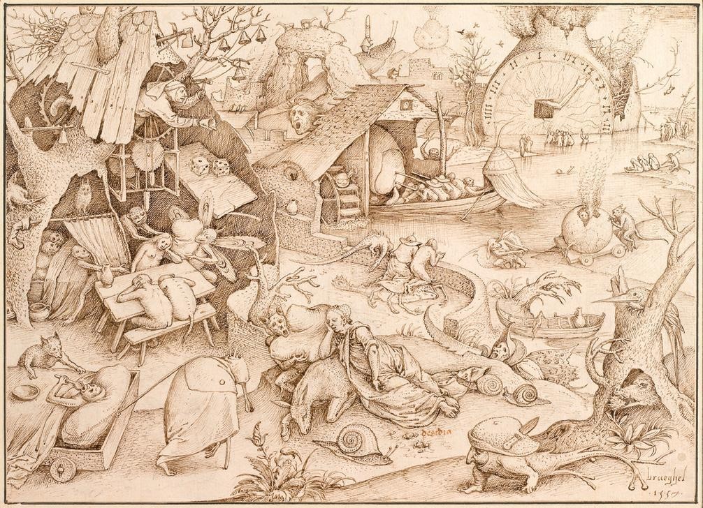 Pieter Brueghel der Ältere, Desidia (Kunst,Laster,Tugenden Und Laster,Fabelwesen,Esel,Dämon,Manierismus,Phantastische Kunst,Sünde,Niederländische Kunst,Würfel,Trägheit,Todsünde,Nichtstun,Schnecke (Zoologie),Böse (Moral),Desidia,Morallehre)