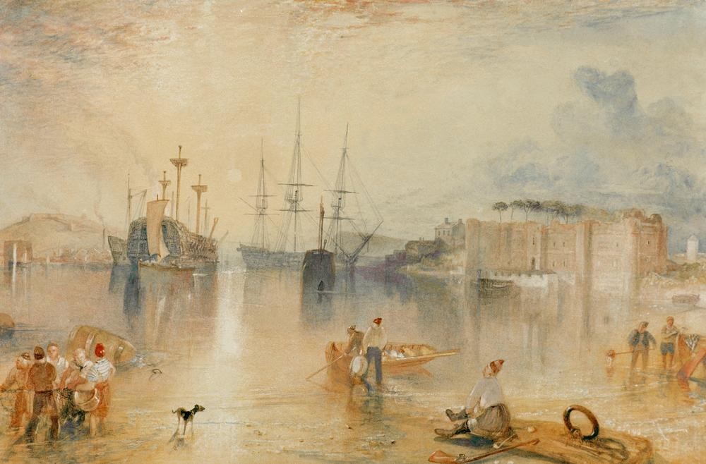 JOSEPH MALLORD WILLIAM TURNER, Upnor Castle (Geographie,Landschaft,Schiff,Schloss,Sonne,Fluss,Sonnenaufgang,Englische Kunst,Binnenschiffahrt,Romantik,Topographie)