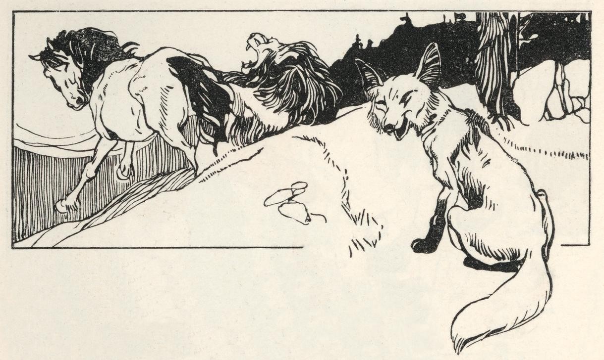 Carl Fahringer, Unbekannt (FUCHS, KINDER- UND JUGENDBUCH, LITERATUR, LÖWE (TIER), MÄRCHEN, PFERD (TIER), MORAL, ÖSTERREICHISCHE KUNST, HILFELEISTUNG, ILLUSTRATION, BUCHILLUSTRATION, SOLIDARITÄT, SAMMLUNG AKG-IMAGES, GERLACH & WIEDLING, PERSON, SYMBOLIK)