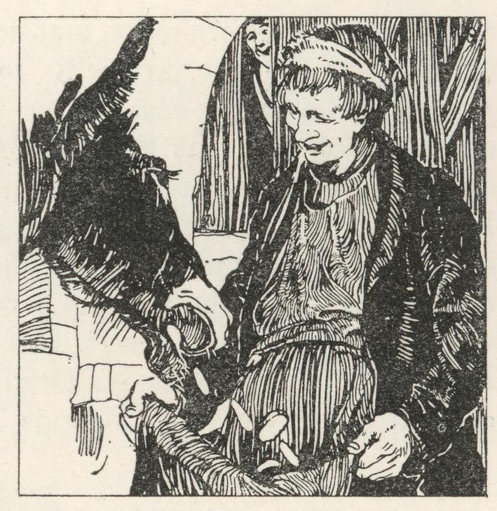 Carl Fahringer, Unbekannt (GOLD, KINDER- UND JUGENDBUCH, LITERATUR, MÄRCHEN, ESEL, ÖSTERREICHISCHE KUNST, FLEISS, BELOHNUNG, ILLUSTRATION, BUCHILLUSTRATION, GOLDESEL, SAMMLUNG AKG-IMAGES, GERLACH & WIEDLING, PERSON, MENSCH UND TIER, GESELLE)