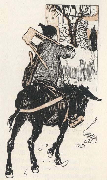 Carl Fahringer, Unbekannt (KINDER- UND JUGENDBUCH, LITERATUR, MÄRCHEN, TISCH, ESEL, LASTTIER, GEPÄCK, HEIMKEHR, ÖSTERREICHISCHE KUNST, ILLUSTRATION, SOHN, BUCHILLUSTRATION, SACK, SAMMLUNG AKG-IMAGES, GERLACH & WIEDLING, PERSON, GESELLE, KNÜPPEL)