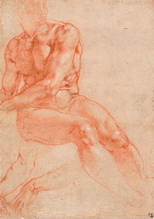 MICHELANGELO BUONARROTI, Sitzender Jünglingsakt und zwei Armstudien (Anatomie, sitzender Mann, Akt, Jüngling, Muskulatur, Skizze,  Zeichnung, Klassiker, Renaissance, Wunschgröße, Rötel)