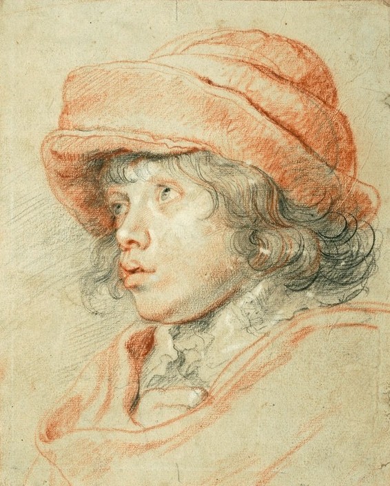 Peter Paul Rubens, Rubens’ Sohn Nicolaas mit roter Filzkappe (Flämische Kunst,Kind,Kopfbedeckung,Kunst,Barock,Portrait,Niederländische Kunst,Knabe,Kappe (Kopfbedeckung),Sohn,Kopf,Sohn Von Berühmten,Locke,Rot,Halbprofil,Blick Zum Himmel,Person,Dreiviertelprofil,Filzhut)