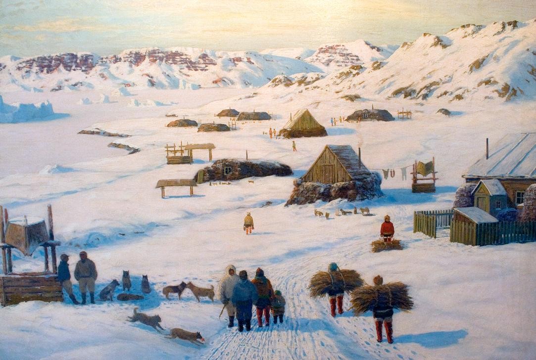Emanuel A. Petersen, Winterliche Inuitsiedlung (Artist,Boot,Eskimos,Kunst,Missionar,Museum,Öl,Schlittenhund,Mission,Hund,Eisberg,Kunstmuseum,Herrnhuter Brüdergemeinde,Brennholz,Kolonie,Umiak,Eisfjord,Kaufmann)