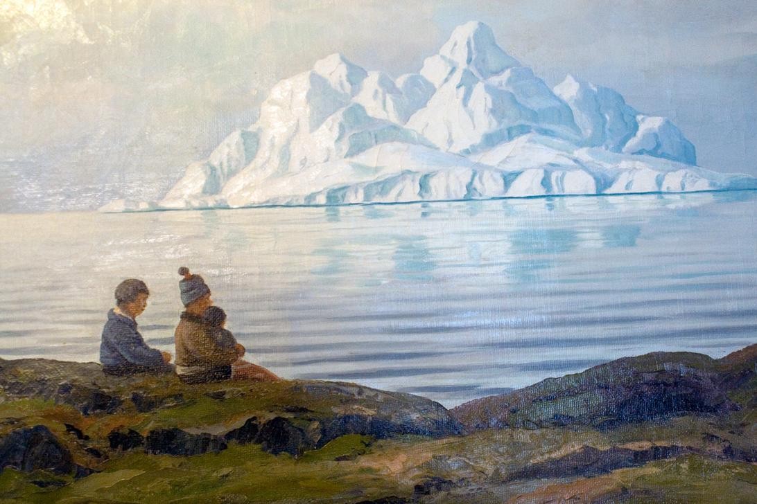 Emanuel A. Petersen, Menschen im Sommer an der Disco-Bucht, West-Grönland (Artist,Eskimos,Kunst,Missionar,Museum,Öl,Schlittenhund,Sommer,Mission,Hund,Eisberg,Kunstmuseum,Herrnhuter Brüdergemeinde,Kolonie,Bucht,Eisfjord,Kaufmann)