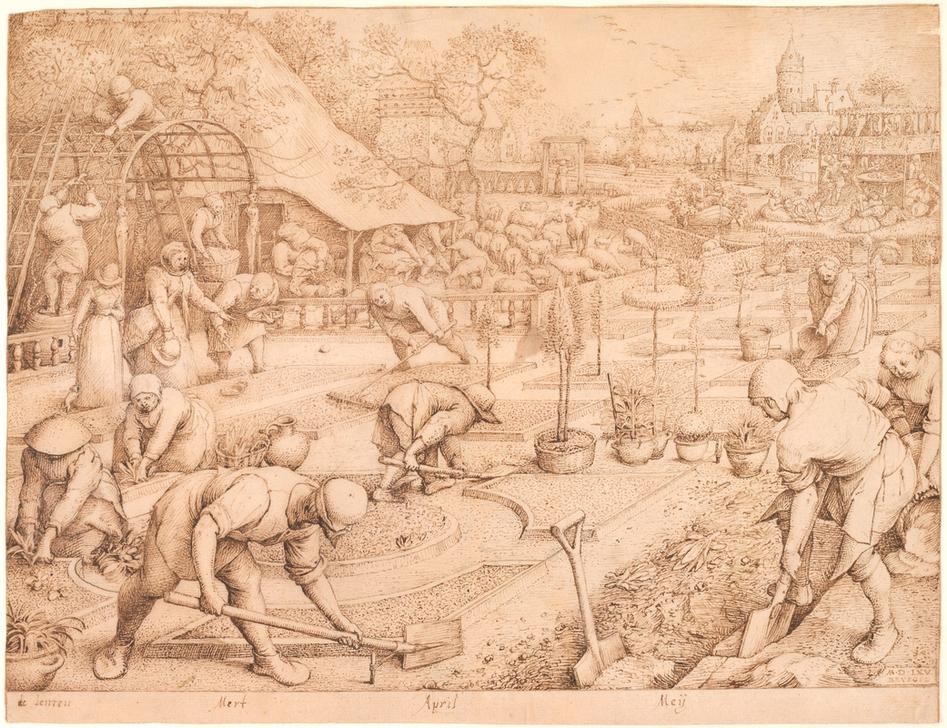 Pieter Brueghel der Ältere, Der Frühling (Arbeit,Bauer (Landwirt),Beruf,Gärtner,Jahr Und Kalender,Jahreszeiten,Kunst,Schafzucht,Pergola,Frühling,Schaufel,Manierismus,Schaf,Schafschur,Gartenarbeit,Niederländische Kunst,Ziergarten,Rechen,Gartenarchitektur,Landbevölkerung,Gärtnerin,Rabatte,Umgraben,)