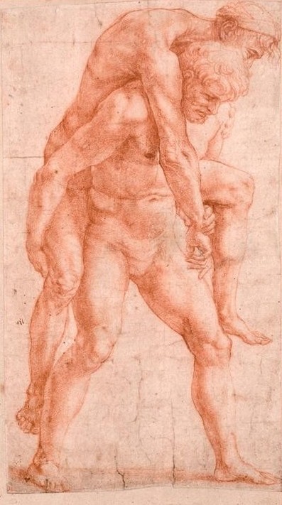 Raffael, Junger Mann, einen Alten auf dem Rücken tragend (Aeneas und Anchises) (Feuer,Kunst,Mann,Mythologie,Vater Und Sohn,Renaissance,Akt,Flucht,Trojanischer Krieg,Studie,Italienische Kunst,Jugend Und Alter,Lebensrettung,Huckepack,Auf Dem Rücken Tragen,Griechisch-Römische Mythologie,Brand)