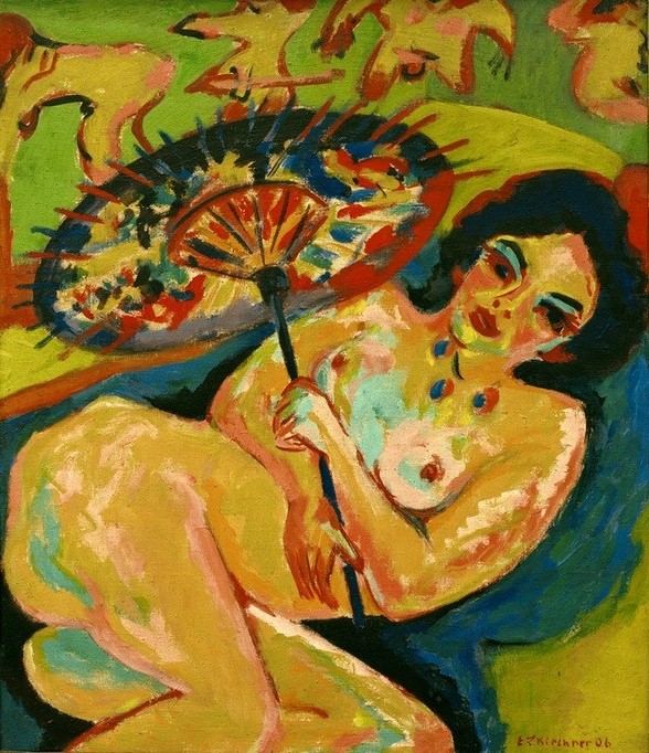 Ernst Ludwig Kirchner, Mädchen unter Japanschirm (Deutsche Kunst,Erotik,Frau,Jugend (Lebensalter),Mädchen,Akt,Expressionismus,Die Brücke,Exotik,Japanmode,Junge Frau,Liegen,Schirm)