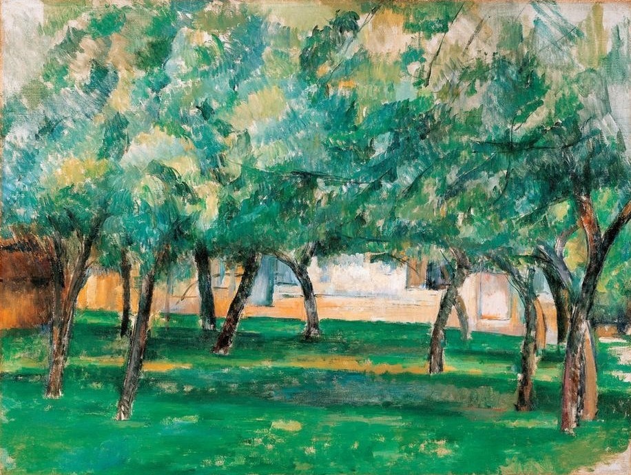 Paul Cézanne, Gehöft in der Normandie (Bauernhaus,Bauernhof,Garten Und Park,Kunst,Landschaft,Obstgarten,Impressionismus,Baum,Wiese,Französische Kunst,Obstbaum,Garten)