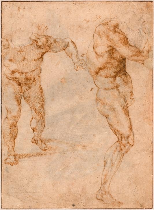 MICHELANGELO BUONARROTI, Zwei Aktstudien eines nach vorne stürmenden und eines nach rechts gewandten Mannes (Läufer, Sportler, Bewegung, Männer, Muskeln, Skizze, Zeichnung, Klassiker, Renaissance, Wunschgröße, Rötel)