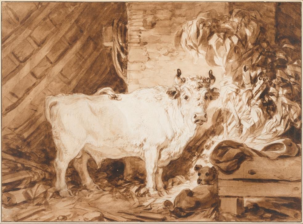 Jean-Honoré Fragonard, Weißer Stier und Hund in einem Stall (Stier,Tier, Nutztier, weißer Stier, Hund, Heu, Futter,   Stall, Treppenhaus, Wohnzimmer, Esszimmer, Rokoko, Klassiker, Wunschgröße, Malerei, bunt)